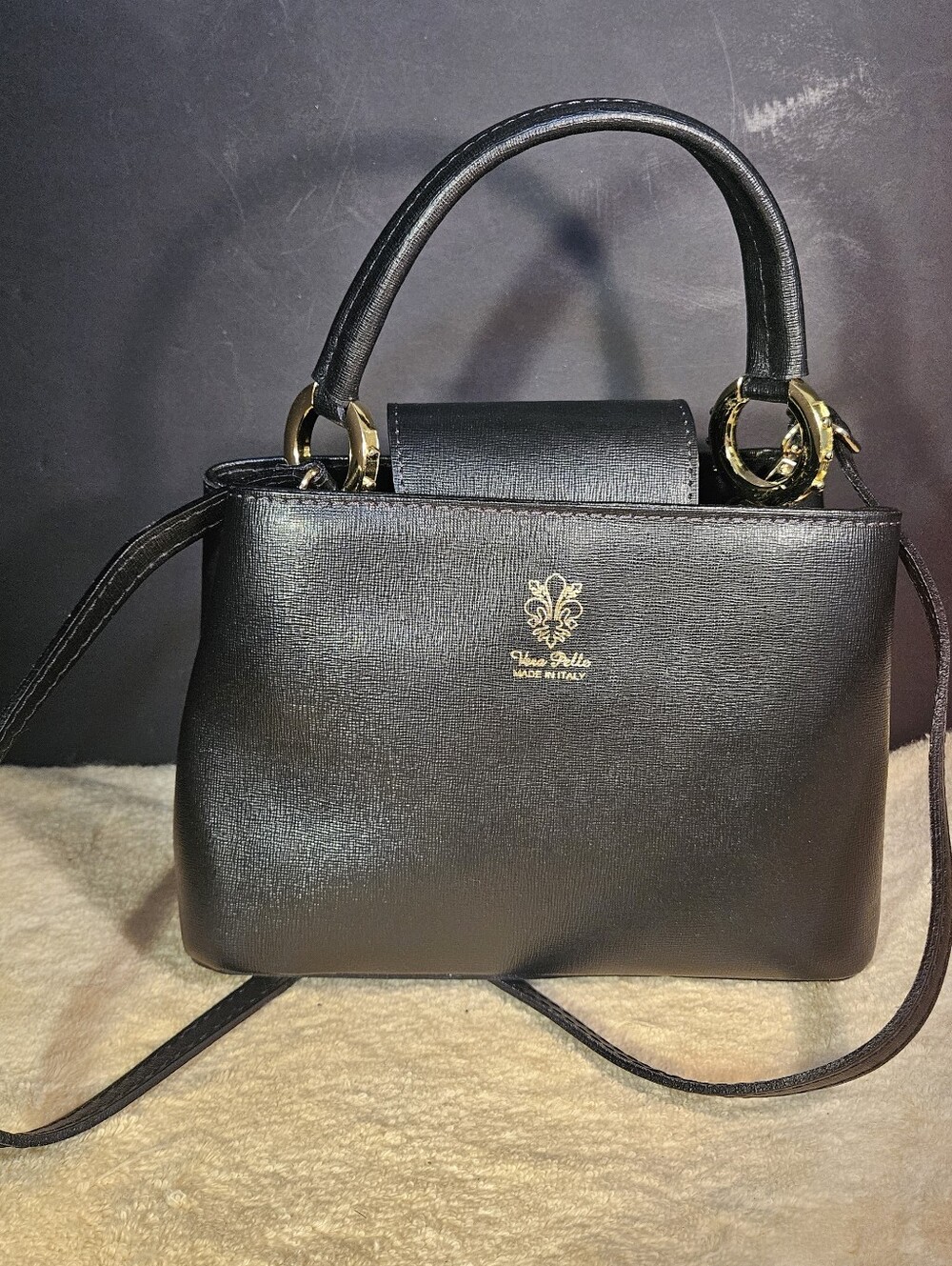 Vera Pelle Black Leather Top Handle Handbag Crossbody Bag Made In Italy Gold HW